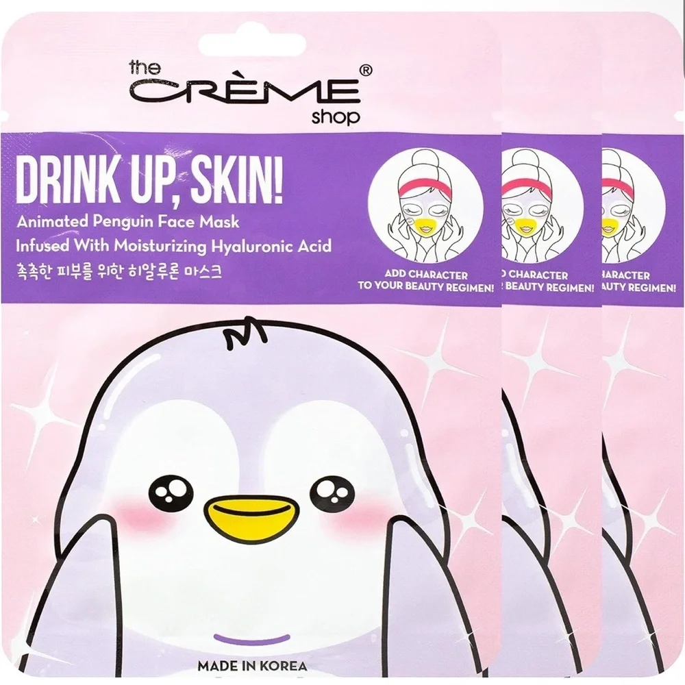 The Crème‎ Shop – “Drink Up, Skin!” Animated Penguin Face Mask (Set of 3) – NIB